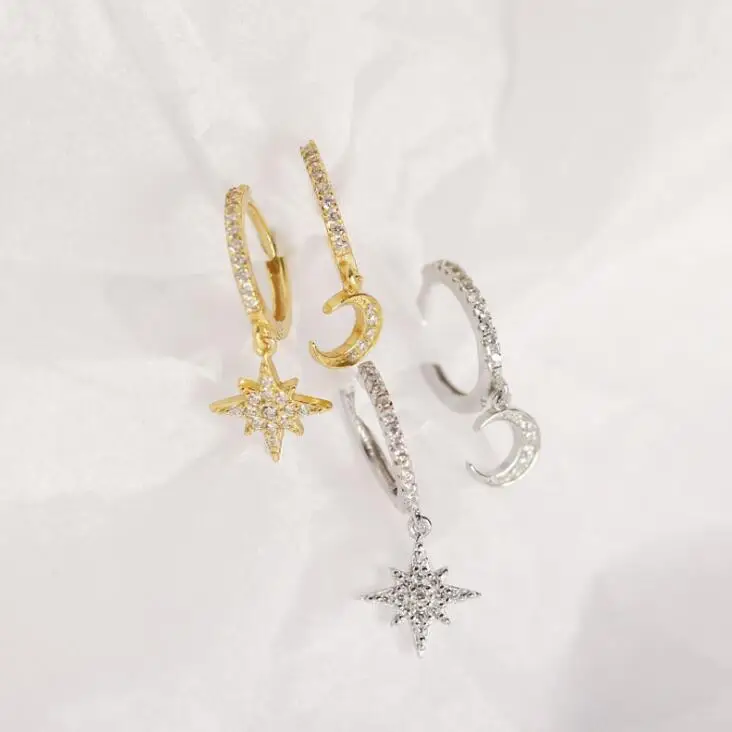 

Wholesale Mini Huggie hoop earrings Starburst Crystal Gold Plated Dangling CZ Micro Pave sterling silver moon star drop earrings
