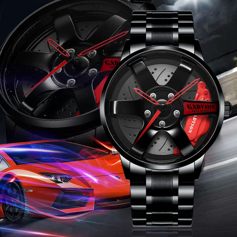 

New Luxury Cool Unique Black 3D Steering Sports Car Waterproof Rim Hub Wheel Wristwatch Quartz Wrist Men's Watches, 9colors