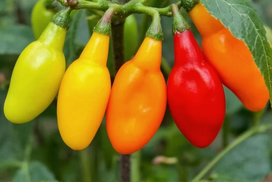 Close-up photograph of Sweety Drops peppers showing their distinctive teardrop shape and color progression from yellow to orange to red on the same plant