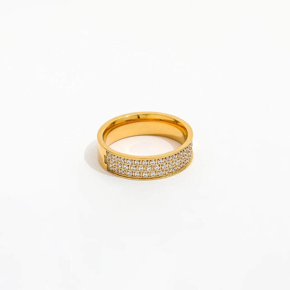 

High End 18K Plain Gold Three Layer Micro Half Pave Ring Stainless Steel Trendy Simple Gold Plated Jewelry