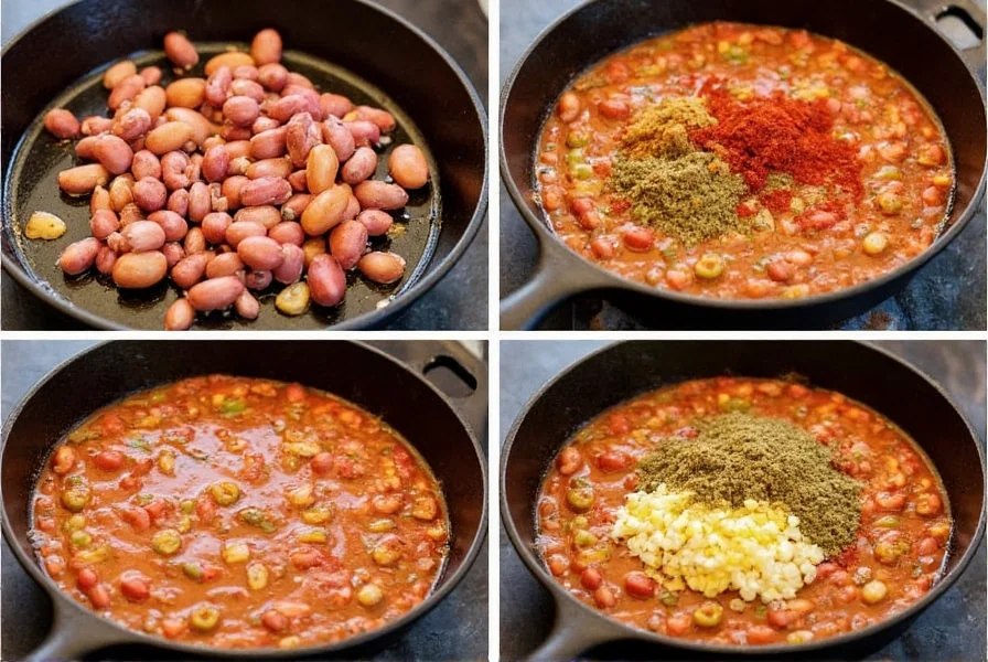 Step-by-step preparation of smoky vegetable chili with beans, bell peppers, and spices in cast iron pot