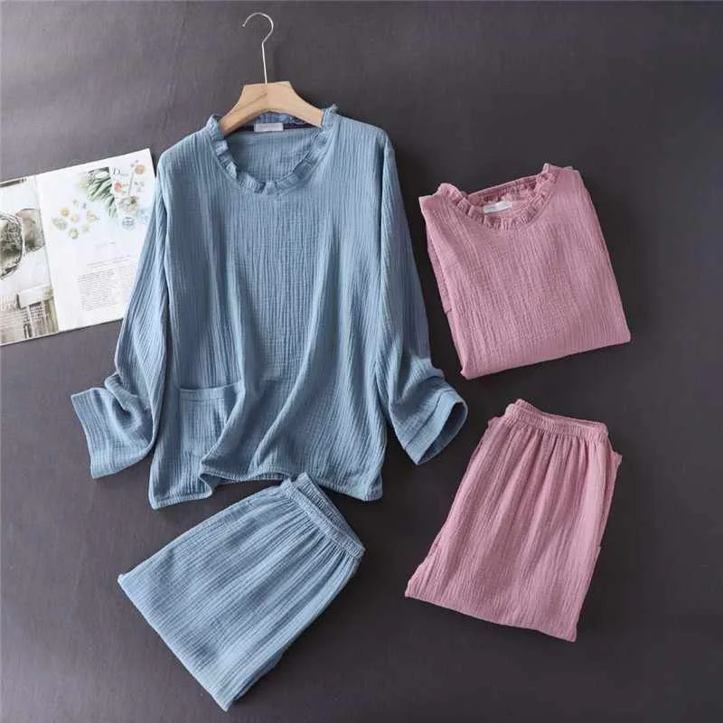 

Japanese new style spring and autumn 100% cotton crepe ladies sleepwear suit simple casual plus size home service women sleepwea, Required