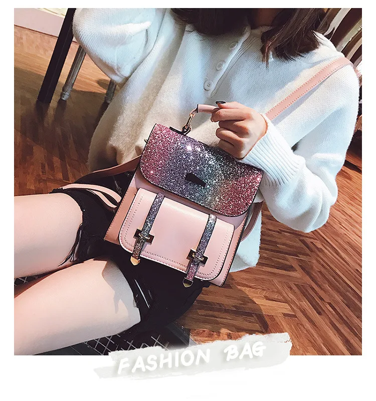 Travelling Beautiful Girls Bling Sequin Leather Backpack Ladies Bags Women Shoulder