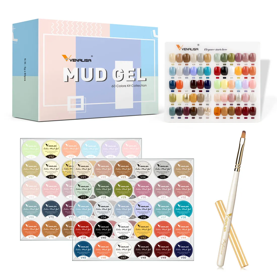 

Venalisa Professional Odorless 60 Colors Mud Painting Gel Kit 5ml Not Flowing Color Gel Varnish with Color Chart Nail Brush