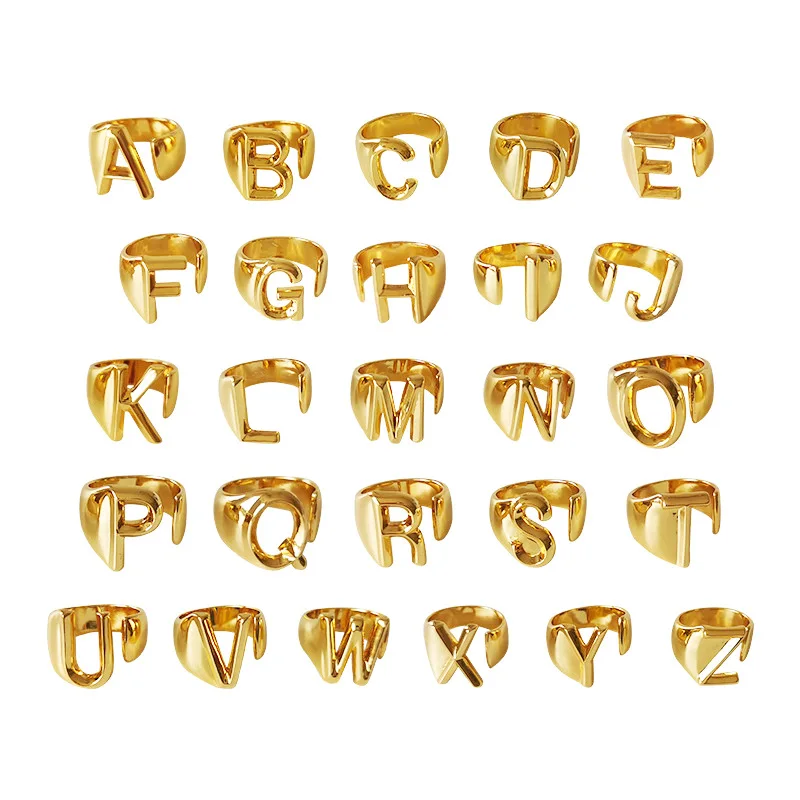 

Hollow A-Z Letter Gold Colors Metal Adjustable Opening Ring Initials Name Alphabet Female Party Fashion Jewelry, Gold,silver