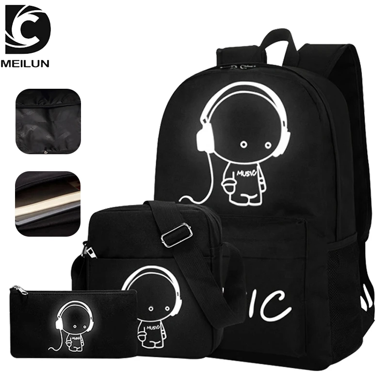 

Hot Sale Fashion Custom Logo Luminous School Bags Backpacks 3 pcs Backpack set, Black