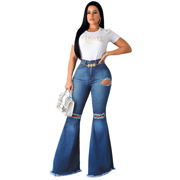 
New Summer 2020 Black Blue High Waist Ripped Skinny Flare Jeans Women 