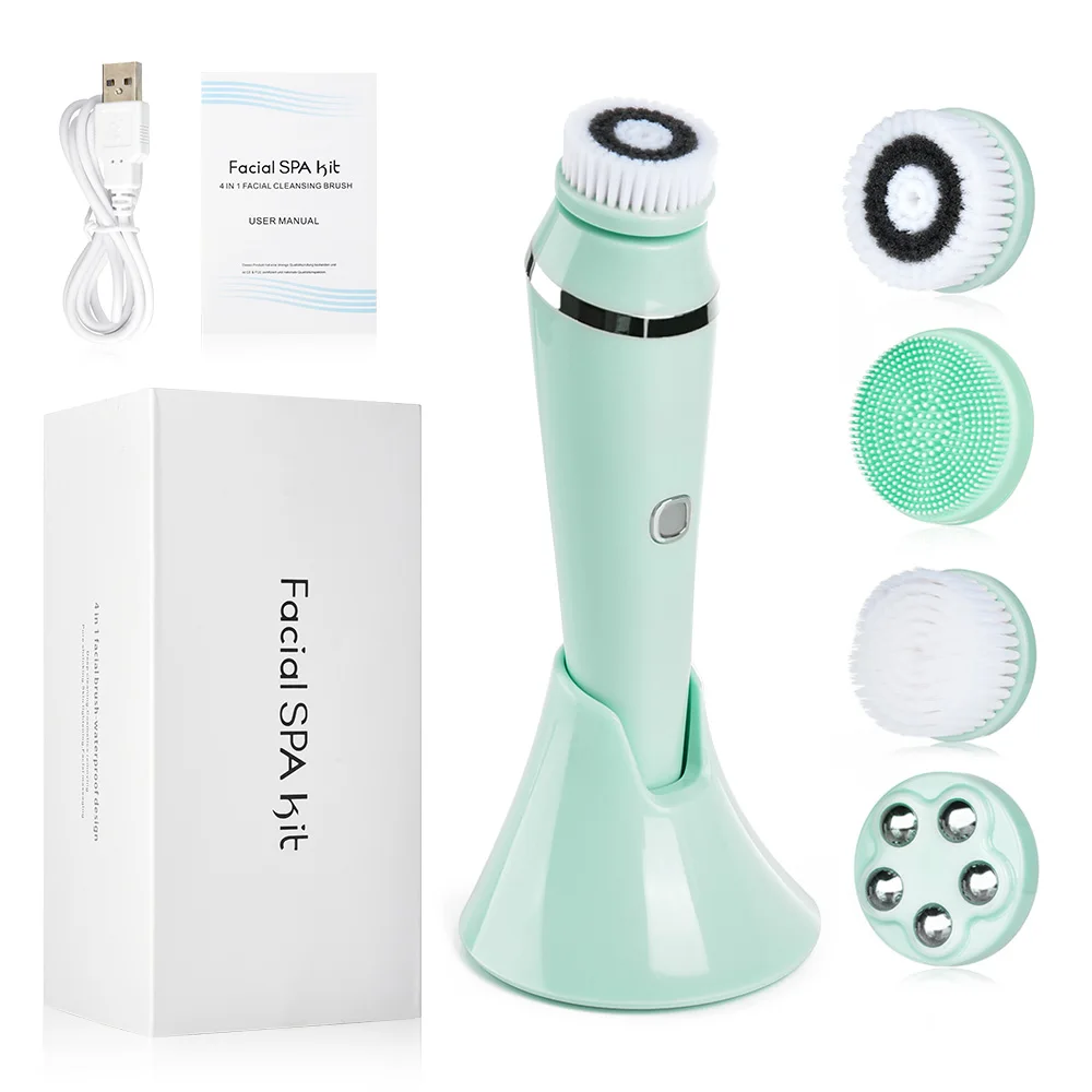 

2021 New Green Sonic Face Beauty Machine Exfoliating Spa Kit Facial Cleansing Brush With Base