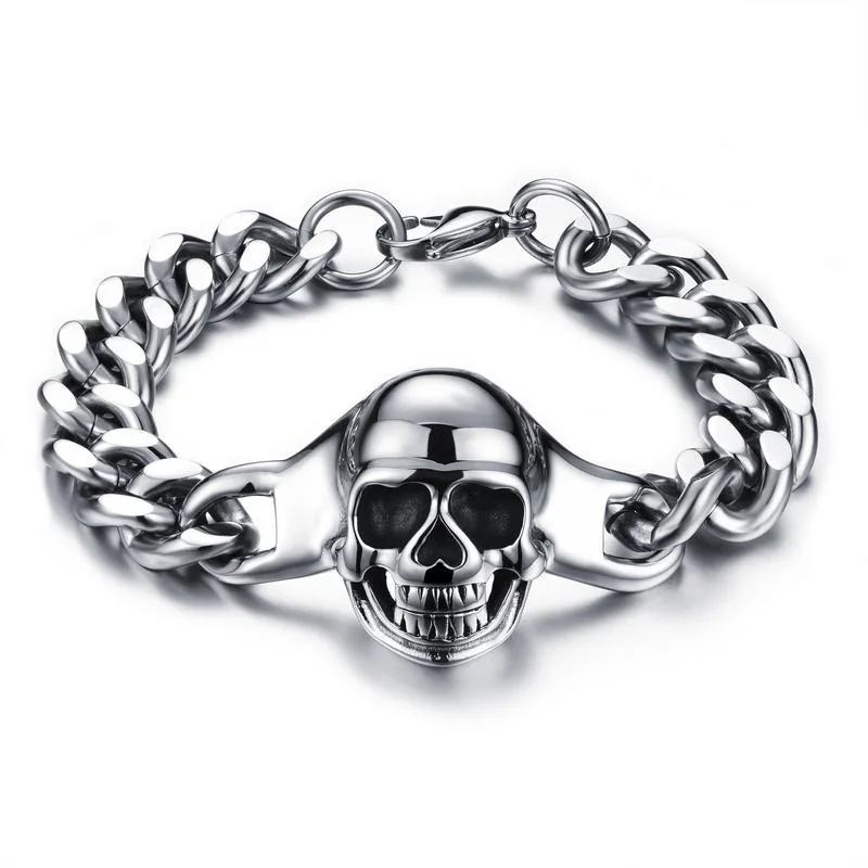 

Punk Biker Jewelry Halloween Gifts Skull Bracelet Man Stainless Steel Chain, Silver
