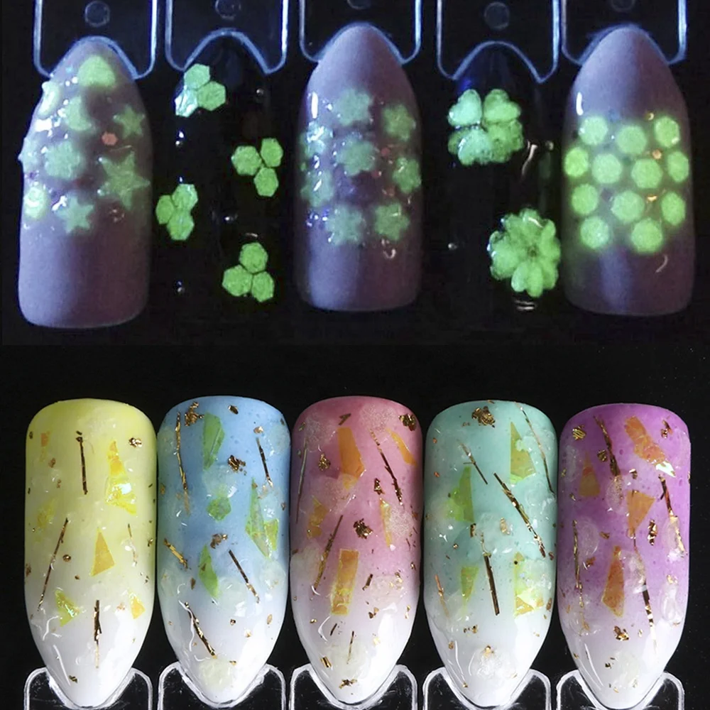 

1 box 3D Ultra-thin Fluorescent Flake Nail Pallette Luminous Moon Star Heart Sequin Nail Art Glitter Nail Top Decors Wholesale