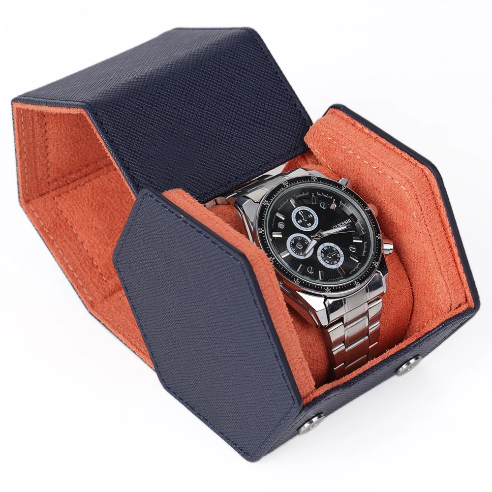 

ODM&OEM High quality Hexagon watch roll case Display gift Box with 1 watch slots pu leather watch box, Blue or customized