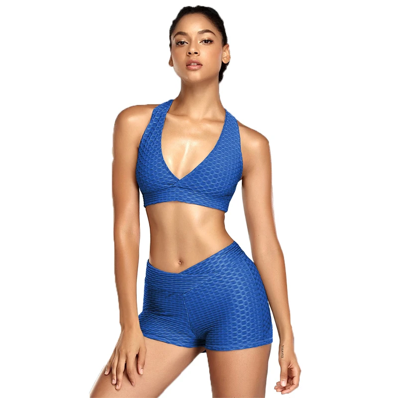 

2 pieces bra shorts yoga set woman gym cross back shock-proof bra three-dimensional touch fabric yoga set, As picture