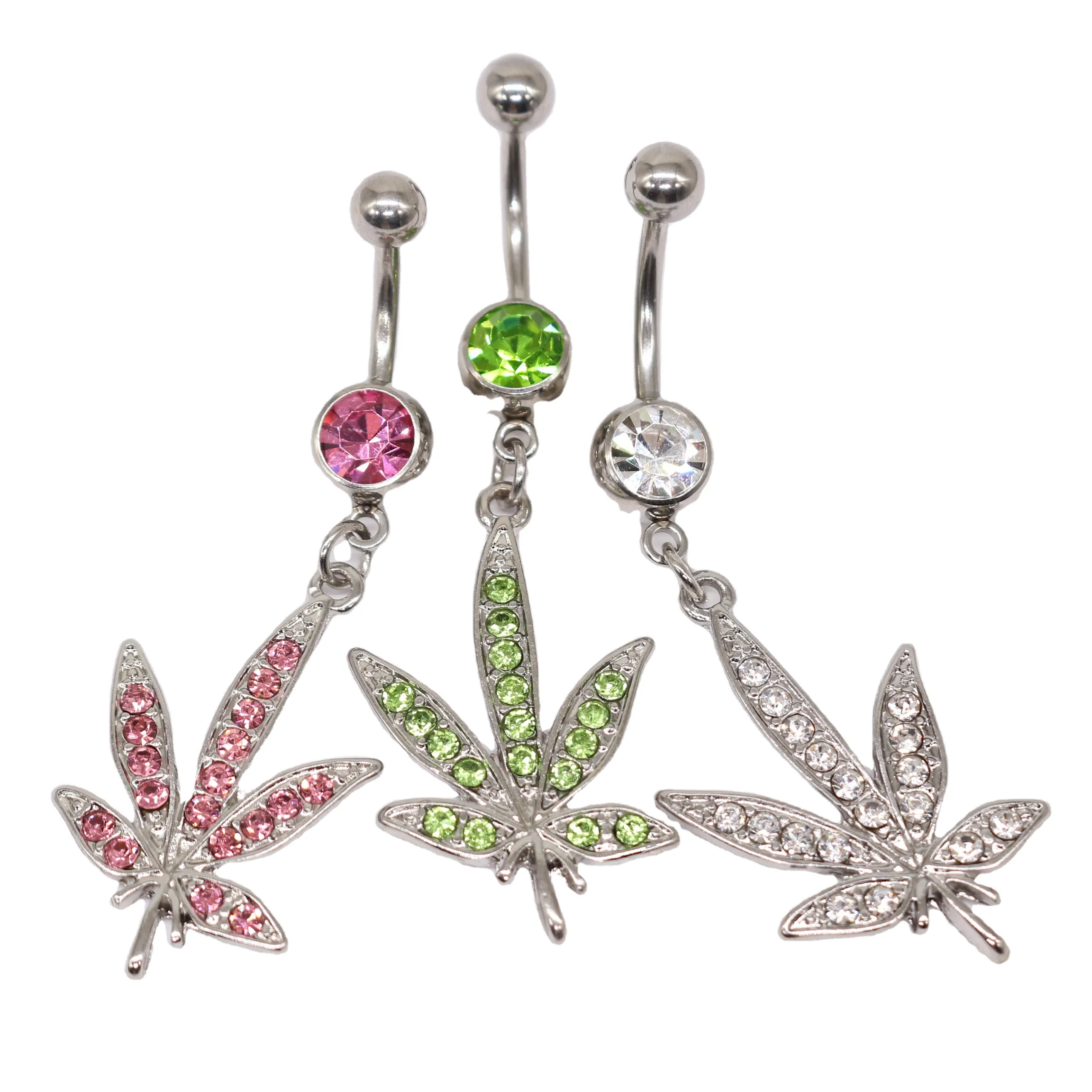 

Gaby CZ dangle GEM Weed leaf 316L surgical steel Belly Rings pot leaf Body Piercing Jewelry, Silver/gold/pink