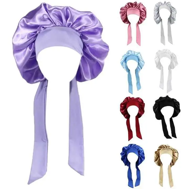 

Customize Logo Large Size Hair Bonnets And Head Band For Women Adjustable Satin Silk Hair Bonnet