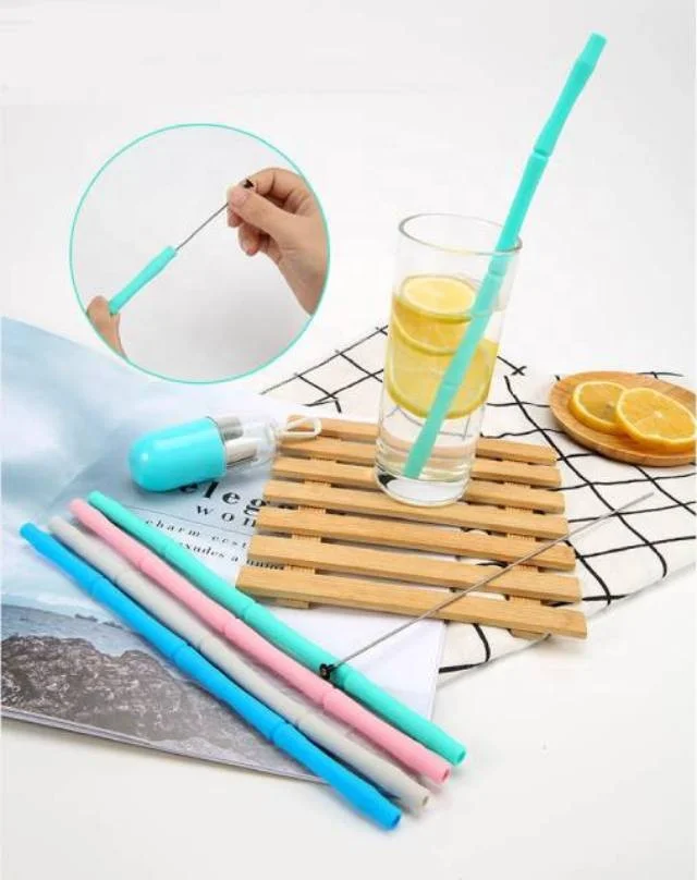 

Reusable Silicone Drinking Straw with Cleaning Brush Bamboo Branches Design Silicone Straw For Coffee Tea Drinkware