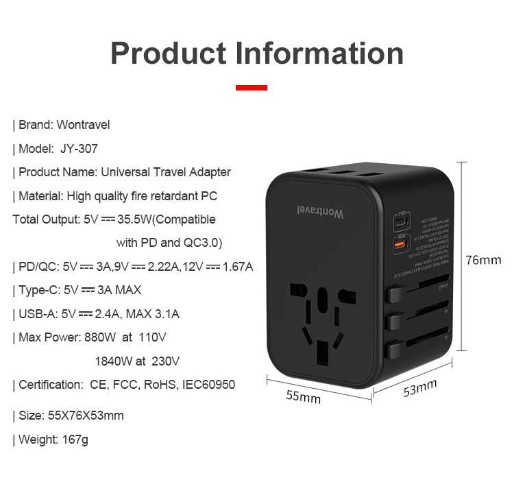 Wontravel Dual Type C Travel Adapter Usb 20w Pd Wall Power Travel Adaptor Multi Plug Universal 0077