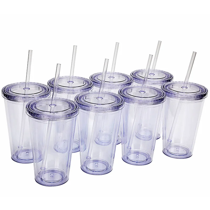 

Wholesale 16oz 20oz 24oz Clear Double Wall Acrylic Plastic Tumbler Cup With Straw and Lid Custom Logo