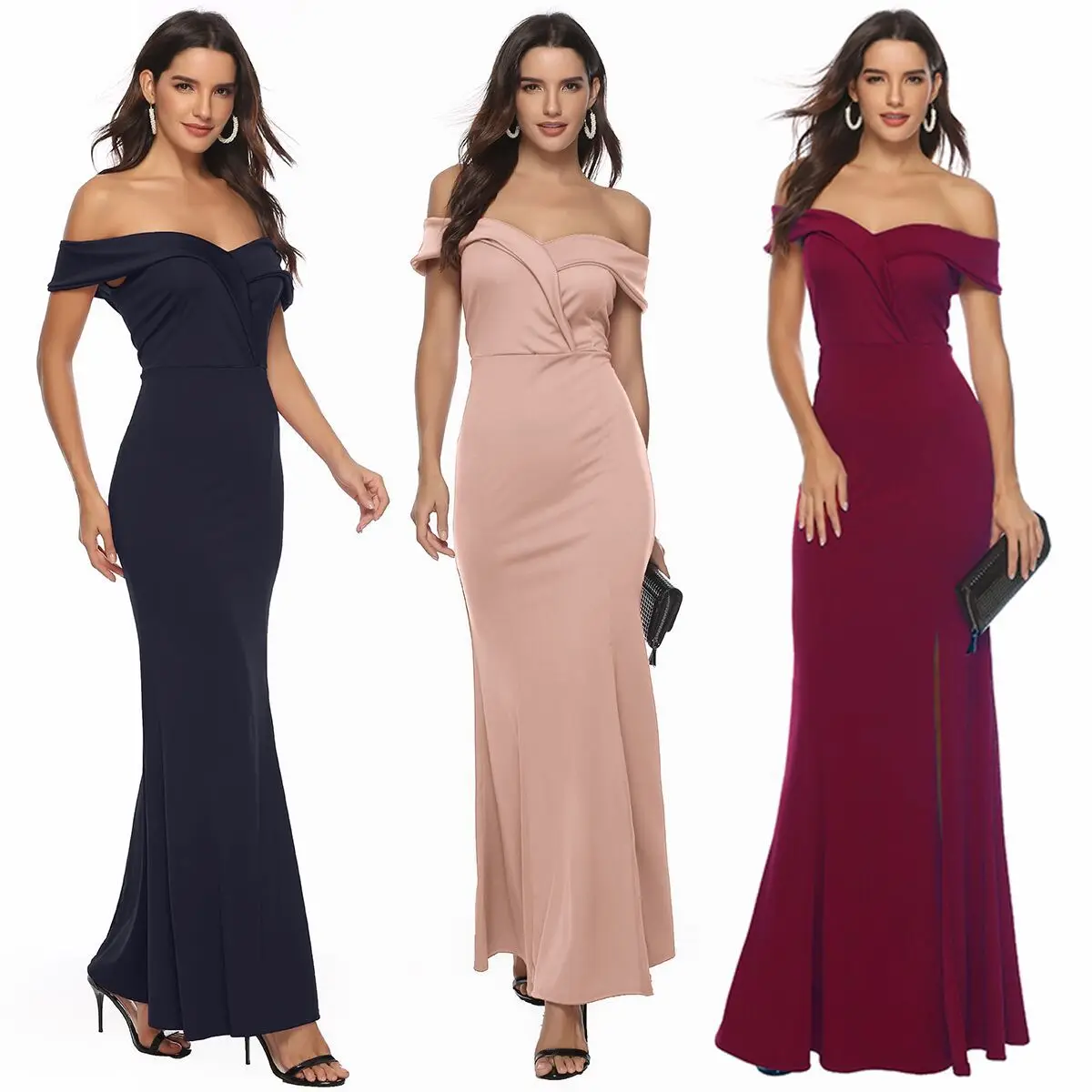 

Anti-wrinkle Dresses Women V Neck Off Shoulder Wedding Dress Short Sleeve Bridesmaid Evening Party Maxi Dresses