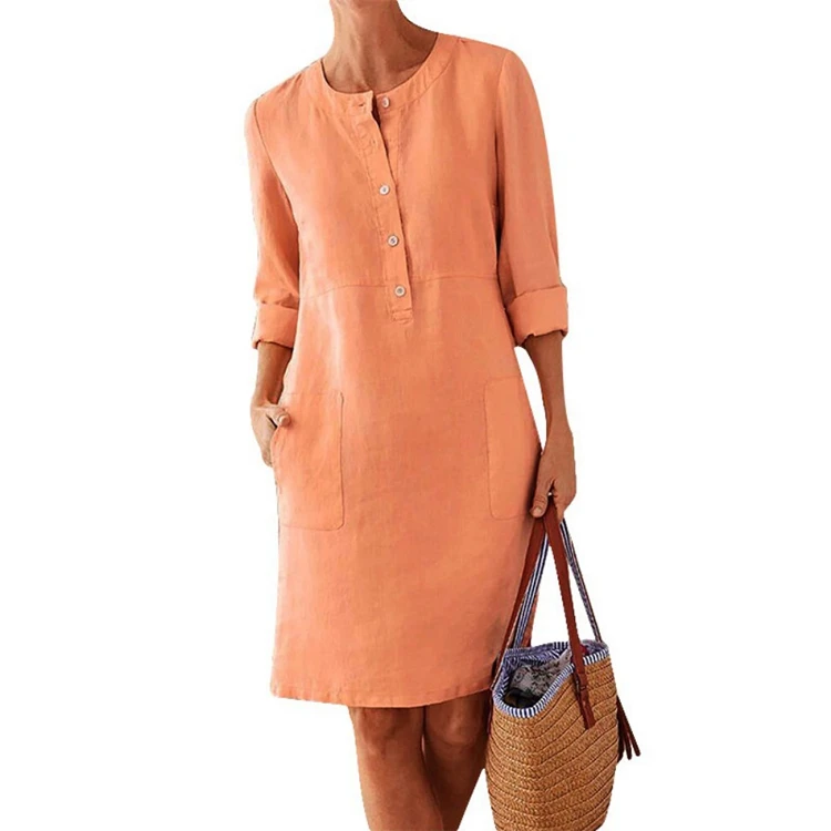 

linen o-neck sundress Guaranteed Quality Unique Long-sleeved Pocket Solid Casual Women shirt dresses, White,black,khaki,orange,gery,dark gray,dark blue,brick-red,blue