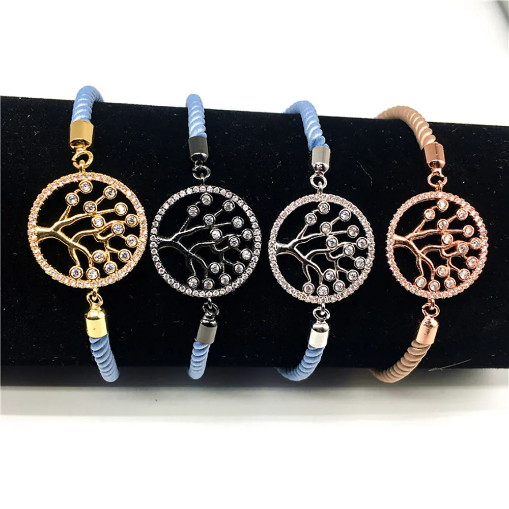 

PVD plated jewelry no fade  brass gold plated cubic zironia tree of life string bracelet, Black/white/gold/rose gold