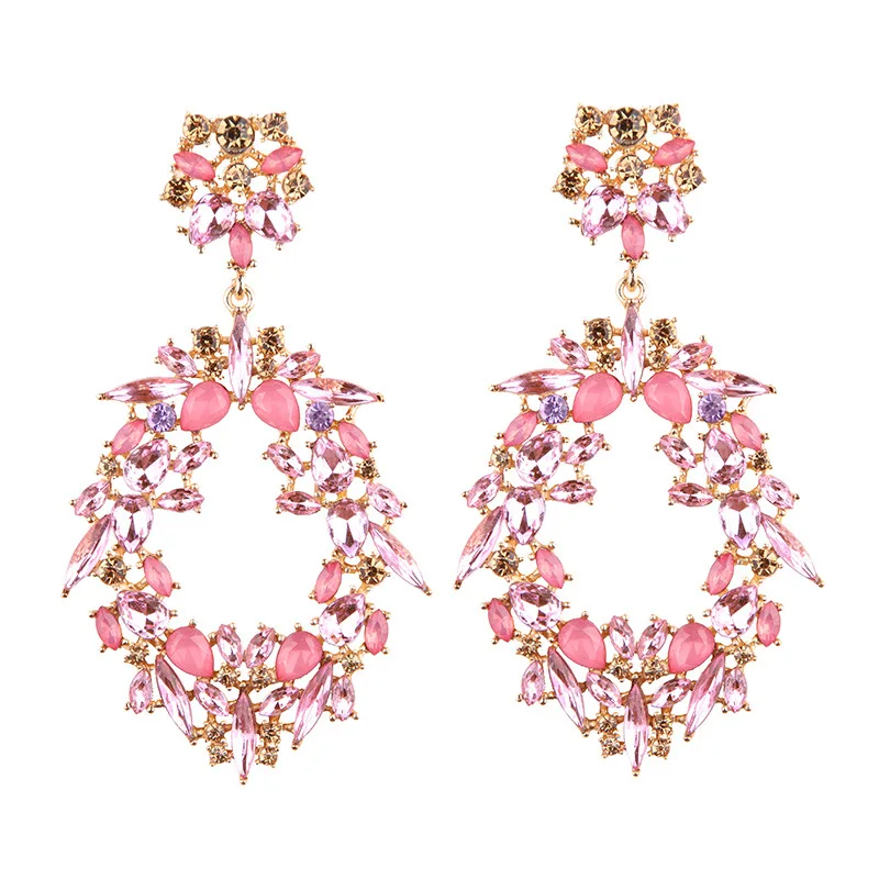 

Wholesale Chunky Statement Dangle Earrings Pink Crystal Diamond Oval Boho Earrings Women Jewelry