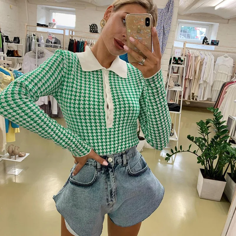 

Dropshipping Slim Turn Down Collar Top Houndstooth Polo Women Sweater Shirt