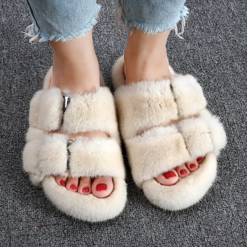 

European Flat Heel Fashion 100% Real Mink Fur Slides Slippers for Women, Customized color