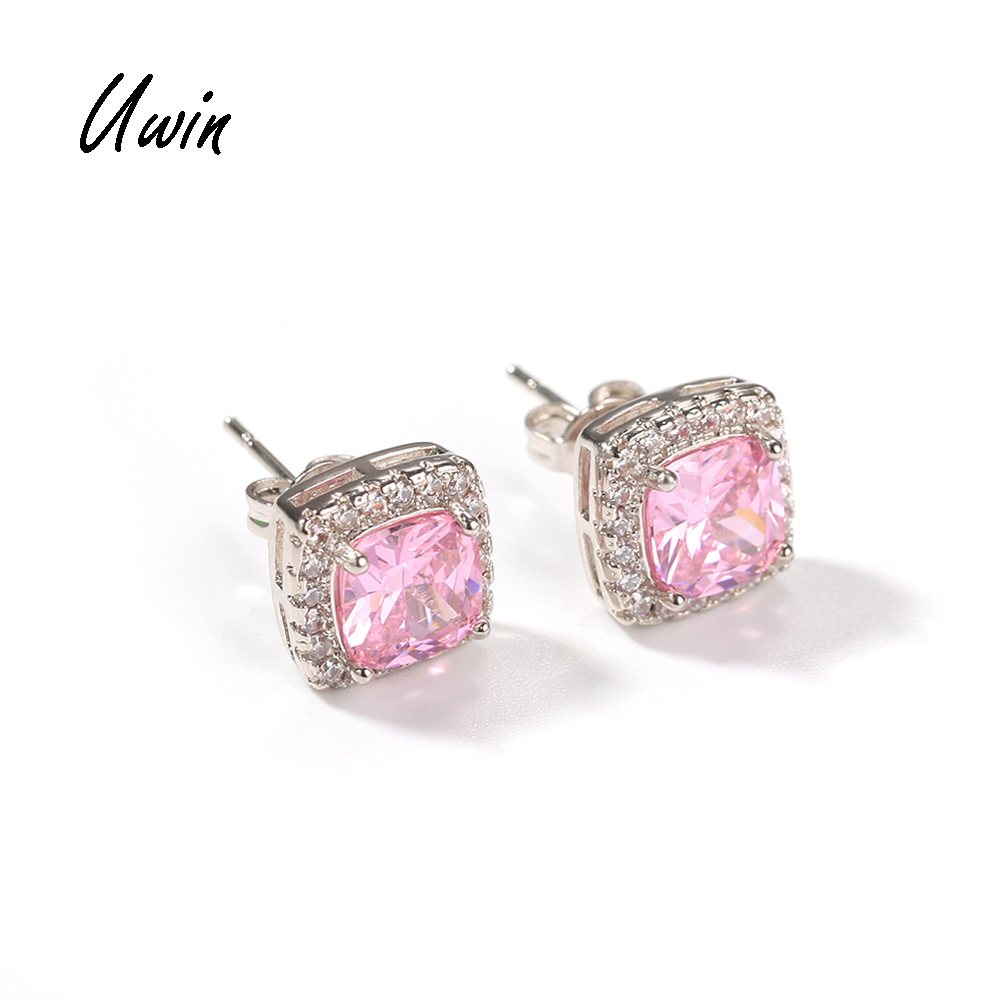 

Iced Out BaguetteCZ Pink CZ Stud Earrings Square Zirconia Earring Women Bling Jewelry