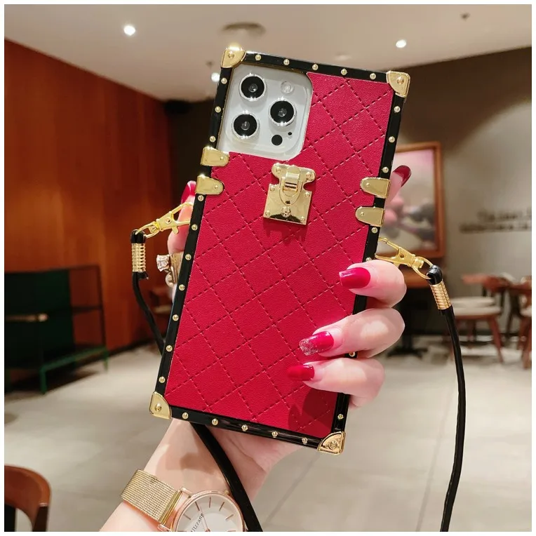 

Luxury Square Plaid Lambskin Leather Tpu Necklace Strap lanyard Case For iPhone 12 Pro max