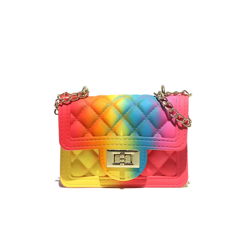 

Wholesales Women's Style Jelly Bags And Purse Fashion Rainbow Color Candy Color Jelly PVC Tote Purse Handbag, Customizable