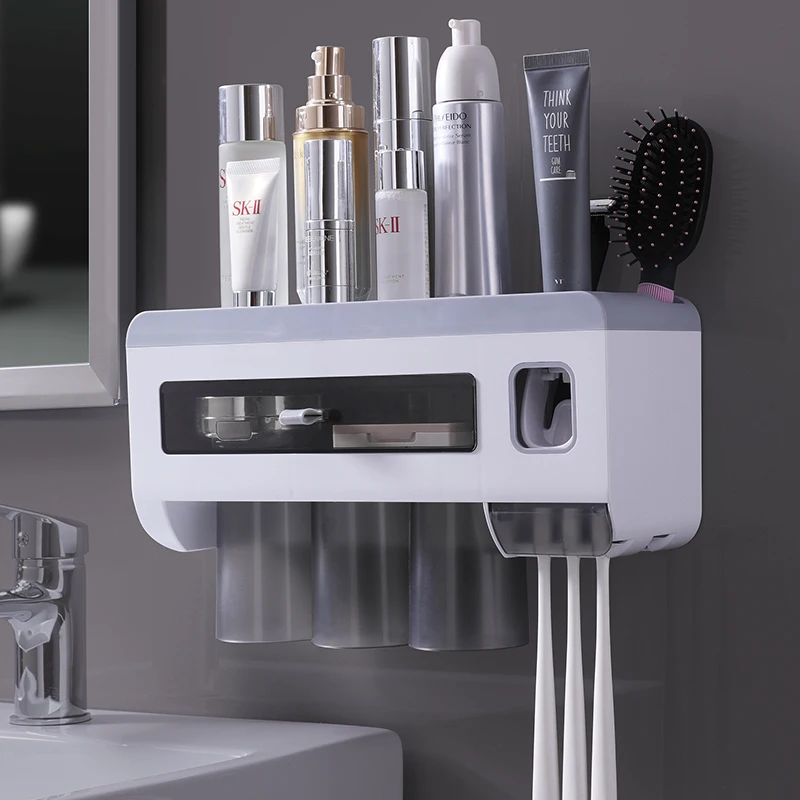 

Wholesale Multifunctional Wall-mounted Three Tooth Brushing Cups and Automatic Toothpaste Dispenser Plastic Toothbrush Holder, Grey