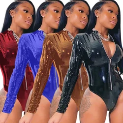 2021 Solid Sexy Jumpsuit Lingerie Bodysuits for Women Faux PU Leather Long Sleeve Female Bodysuit