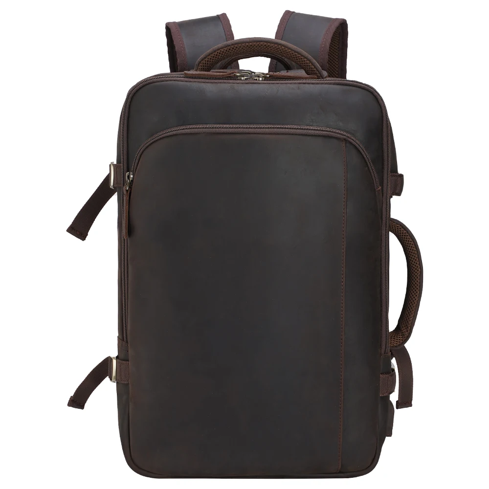 

Large Capacity Premium Leather Back Pack Bag Mens Expand Brown Genuine Leather Travel Backpack With USB