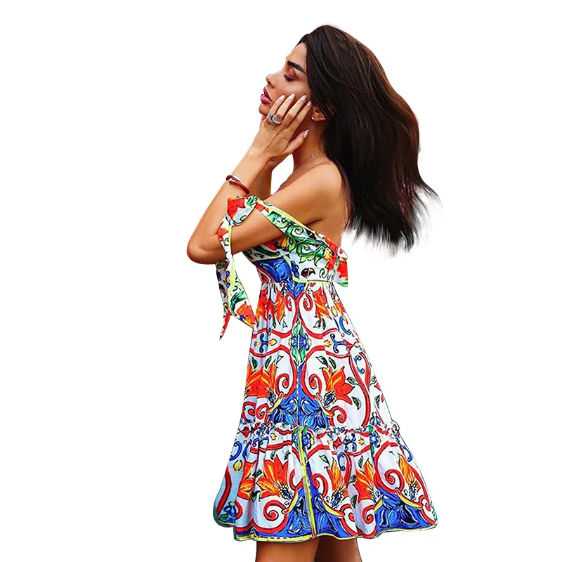 

2020 New Arrival spring summer casual off shoulder short sleeve scollop print women ladies mini dresses