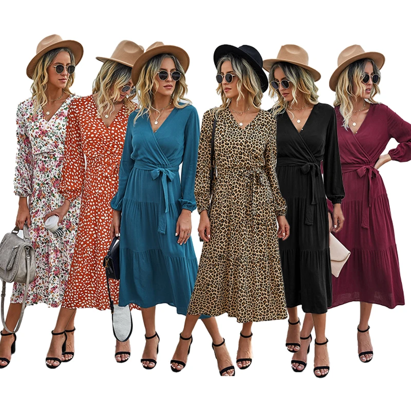 

Wholesale women new v neck fashion dress long sleeve knee length floral casual ladies dresses, 6 colors