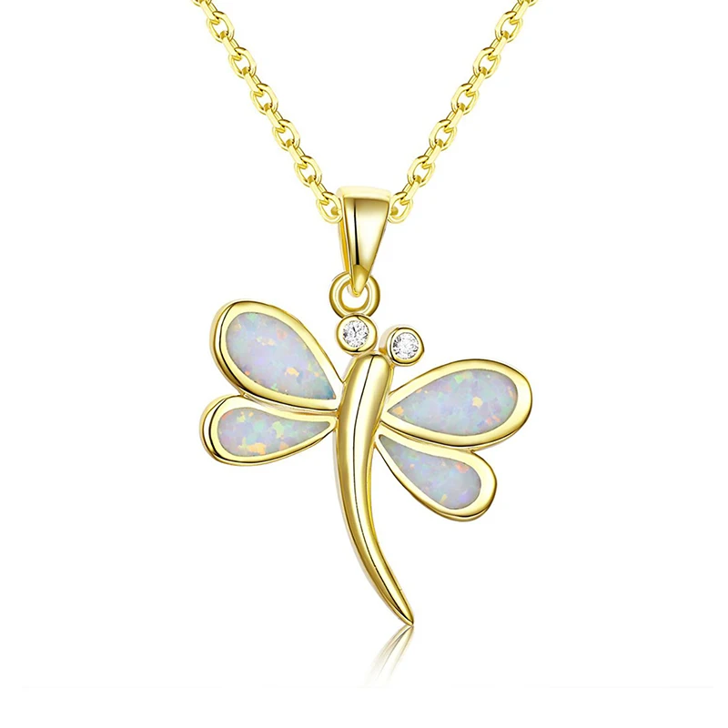 

MOYU New Popular Animal Jewelry Gold Plated Cz Dragonfly Pendant 925 Sterling Silver Blue White Opal Necklace for Girls