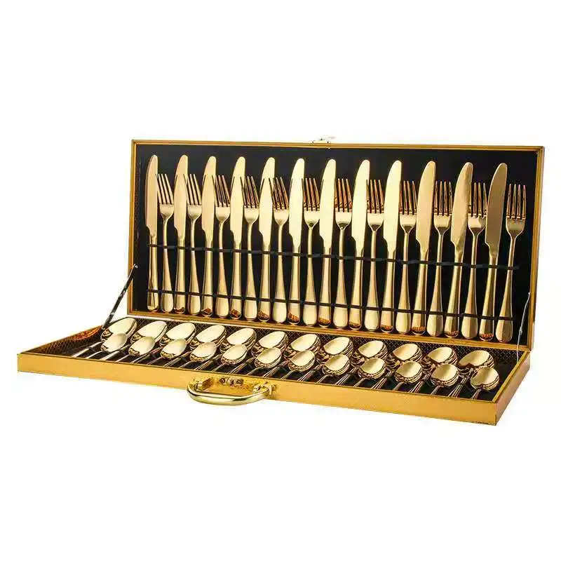 

Luxury Reusable Restaurant Knife Spoon Fork Premium Wedding Gift 48pcs Gold Silver Stainless Steel Cutlery Set With Wooden Box