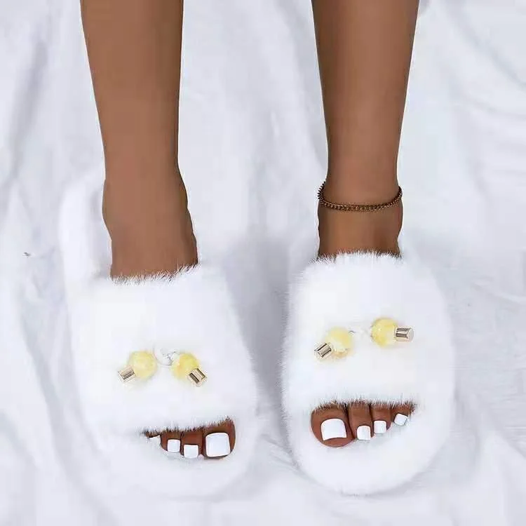 

New Style Big Size 43 Fluffy Fur Round Toe Thick Bottom Casual Shoes White Lace Up Decoration Outdoor Women Fashion Slippers, Colorful/black