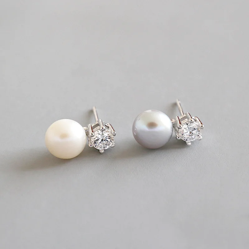 

Simple Silver Jewelry S925 Sterling Silver Pave Clear Cubic Zirconia Freshwater Pearl Stud Earring, As picture shows