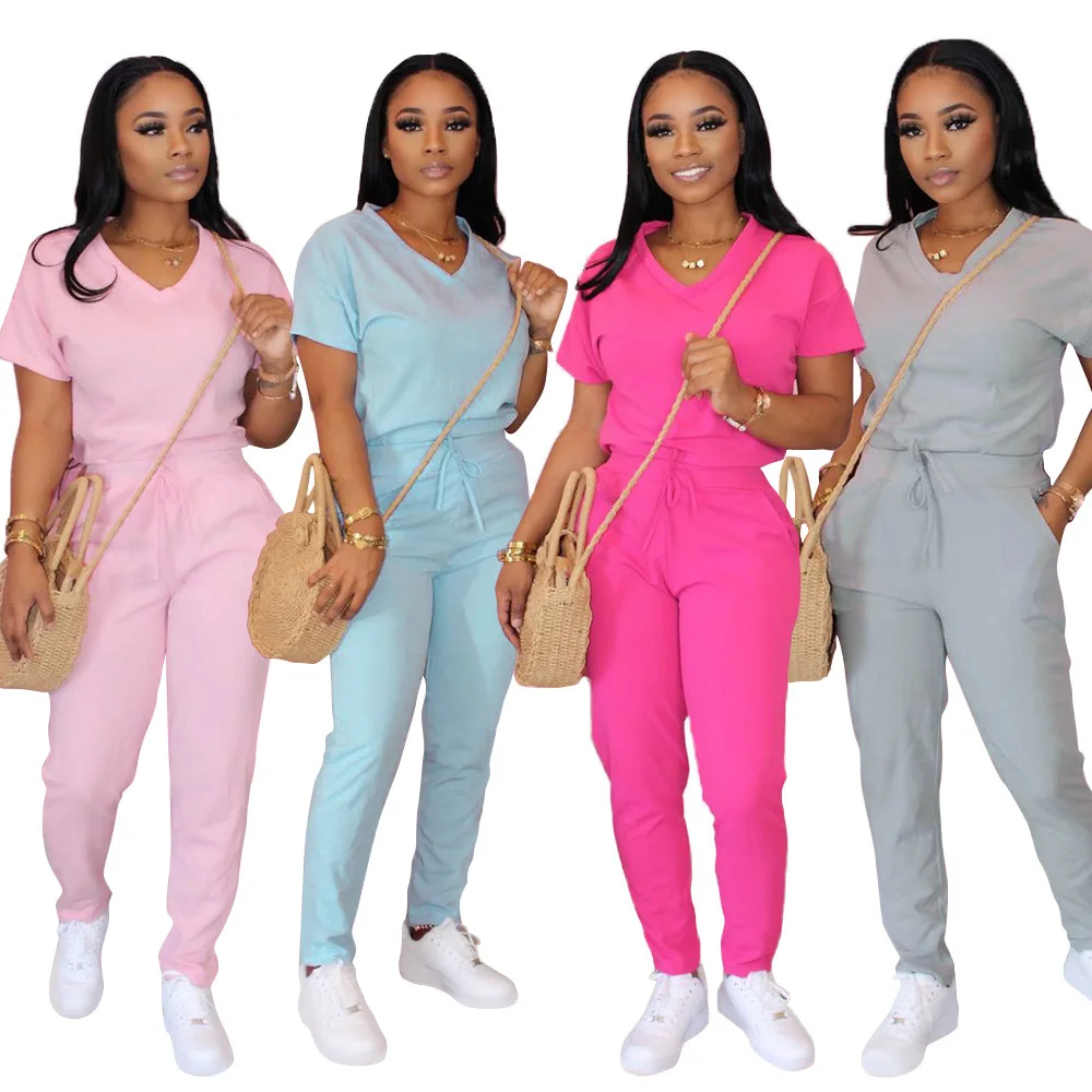 

Fashion Women Two Piece Outfit Casual Solid Color V-Neck Short Sleeve Top Drawing Fly Sport Wear Two Piece Set Women
