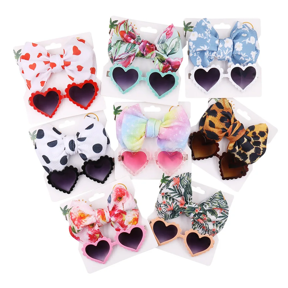 

2021 Cute Baby heart shape sunglasses and printing big bow baby headband set for kids gift