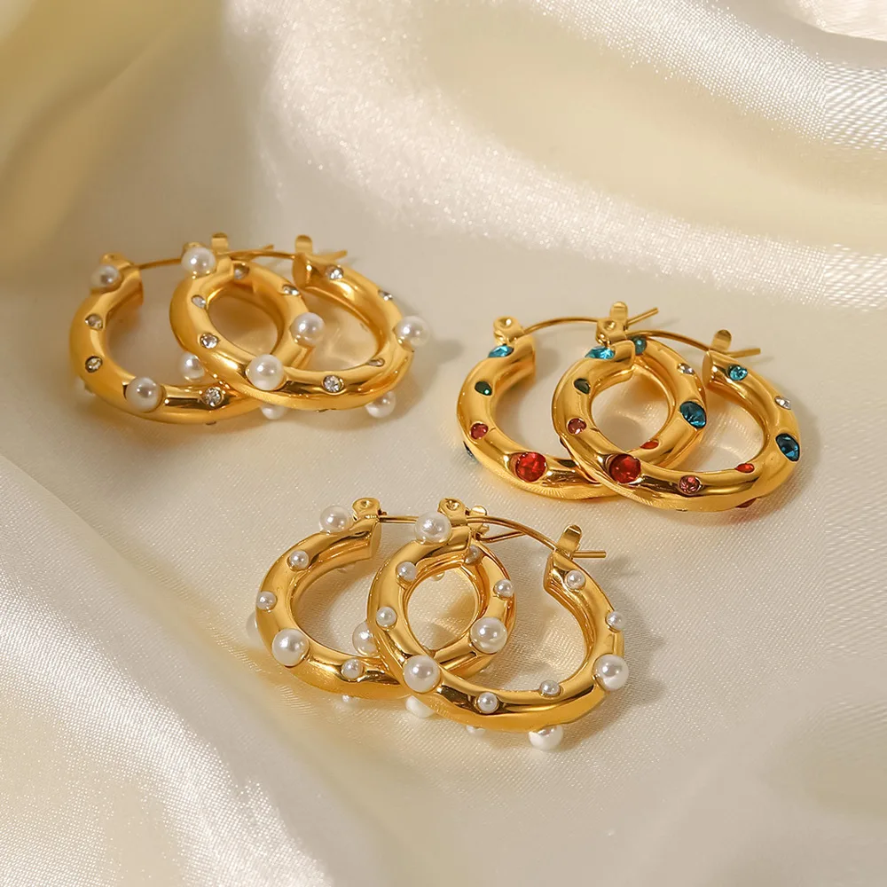

18k Stainless Steel Colorful Diamond Earrings Luxury Circles Inlaid Pearls Zircon For Women's Earrings Jewelry