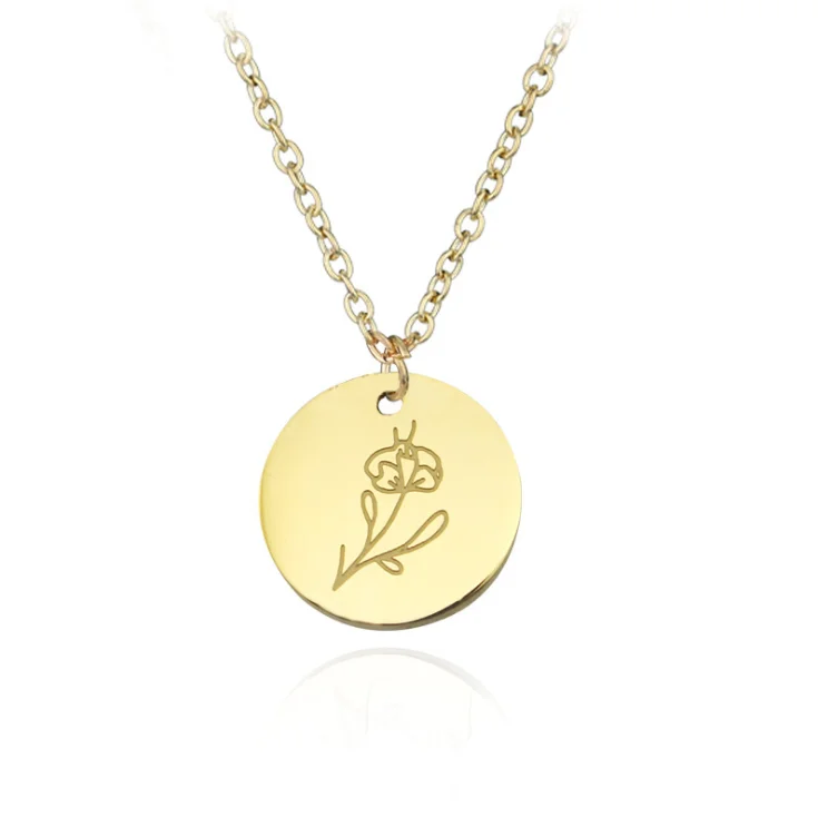 

18K Gold Plated Stainless Steel Jewelry Gold 12 Month Flower Pendant Necklace Engraved Round Necklace 2021 Ins Women