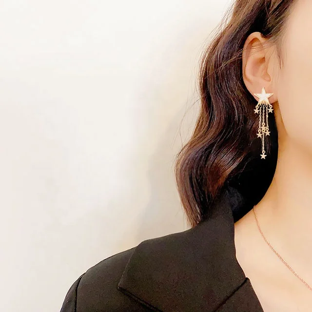 

Adelante French S925 Moon Earring Silver Personality Creative Eardrop Long Tassel Design Star Drop Earrings Gold Plated Women's