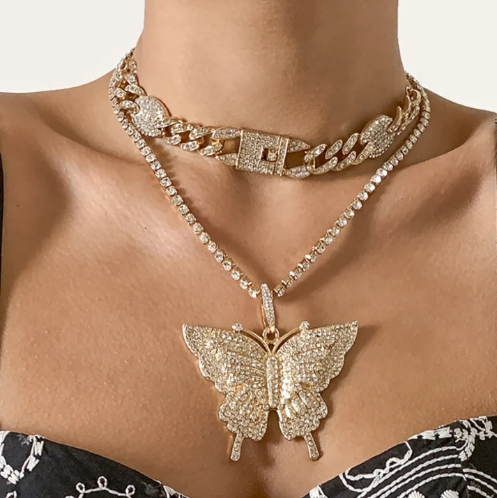 

European and American Hip Hop Diamond Necklace Large Butterfly Cuban Link Chain Gold Necklace, Picture