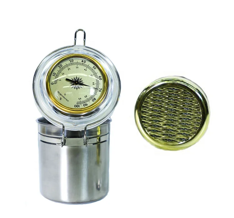 

UKETA round metal sealed odorless stash jar herb storage container weed jar with hygrometer, Silver