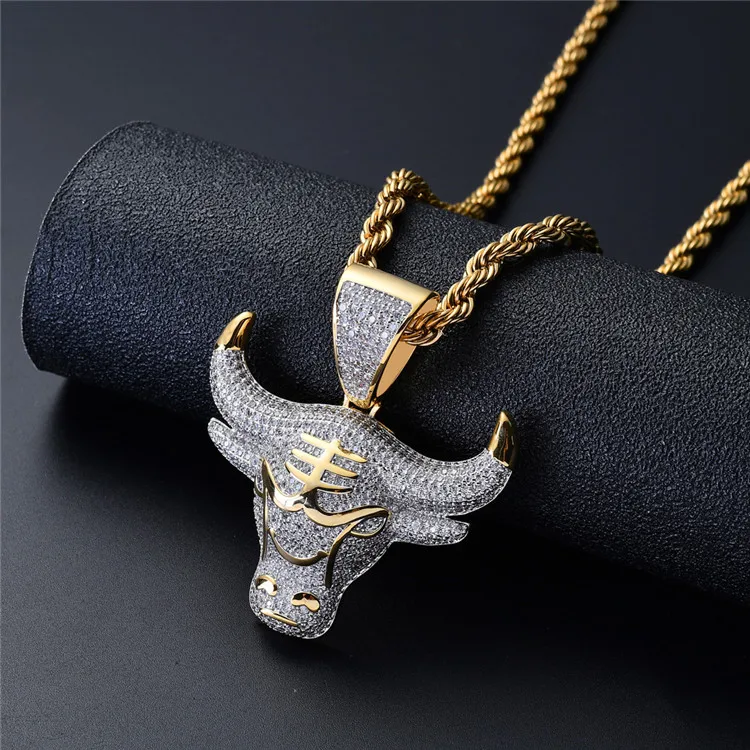 

Bull Charms Hip Hop Jewelry Iced Out 14k Gold Diamond Bull Head Bling Pendant Hot Selling Gold Animal Micro Insert Zircon, Picture shows