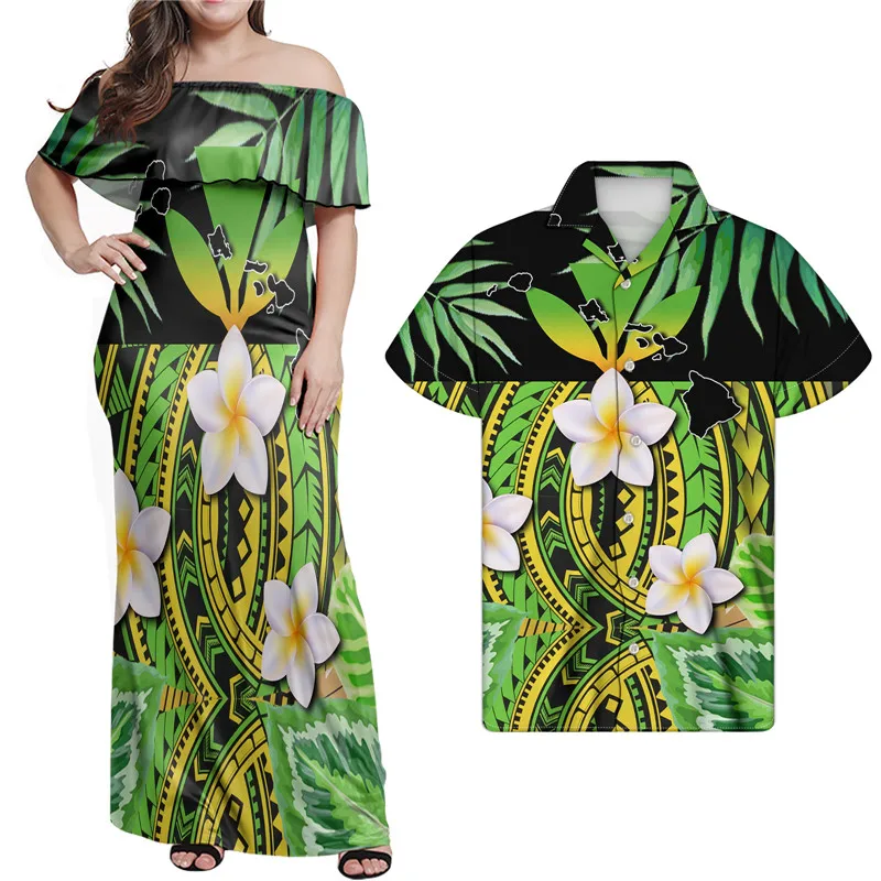 

Polynesian Tribal Plumeria 2 Piece Couple Set Vintage Casual Dresses Women Elegant Plus Size Tshirt Off Shoulder Dress for Women, Customized color