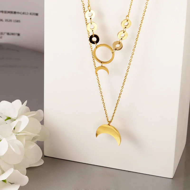 

Stainless steel double necklace female creative simple moon multi - layered titanium steel necklace