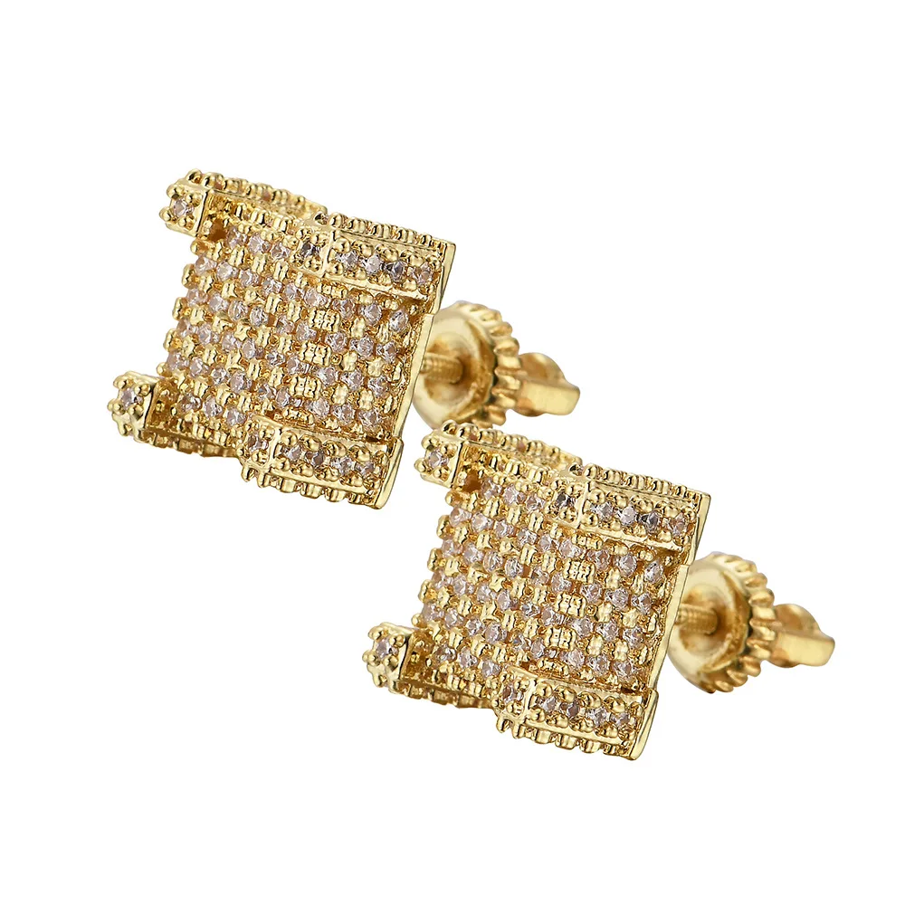 

2022 Real Gold Plated Zircon Square Stud Earring Bling Iced Out Square CZ Stud Earring